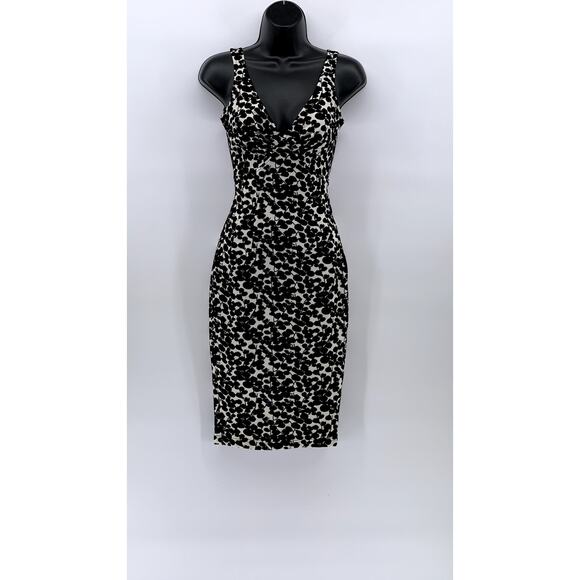 UNBRANDED Women's Black-White Floral V-Neck Sleeveless Bodycon Midi Dress SZ S - Picture 1 of 9